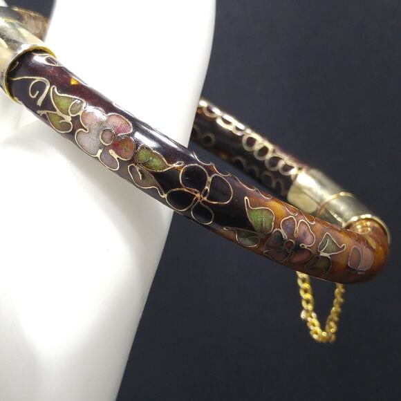 Vintage Hinged Floral Bangle Bracelet, Cloisonne Enamel, Gold Plate Safety Chain - Picture 3 of 10
